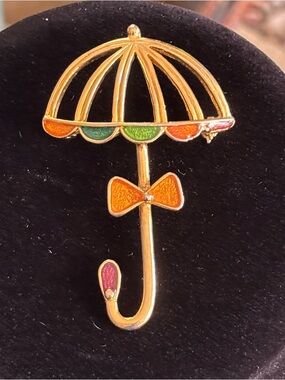 Vintage Gold Tone Umbrella Brooch with Orange, Green & Pink Enamel